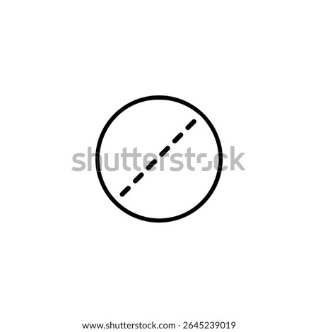 A flat vector icon of a circle bisected by a dashed diagonal line, with two intersection point dots. Monoline style. Isolated on white.