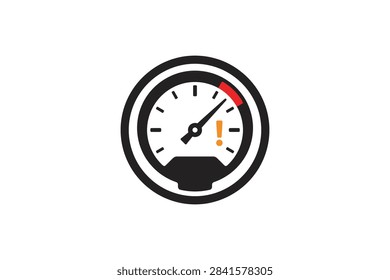 A flat vector icon of a circular pressure gauge showing a needle in the danger zone with an exclamation point symbol indicating a warning or critical state