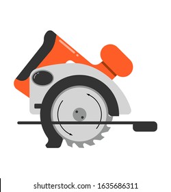Flat vector icon of circular saw with steel toothed disc. Electric hand tool for cutting wood or metal. Building equipment
