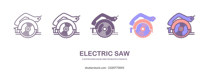 Flat vector icon of circular saw with steel toothed disc. Electric hand tool for cutting wood or metal. Building equipment