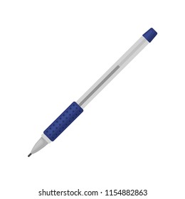Flat vector icon of classic blue ballpoint pen. Equipment for writing and drawing. Office and school supplies theme