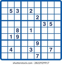 Flat vector icon of a classic blue sudoku grid with numbers, perfect for International Sudoku Day designs.