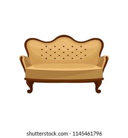Flat vector icon of classic vintage couch. Wooden sofa with beige trim. Interior object. Luxury antique furniture for living room