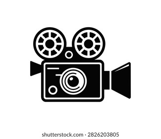 A flat vector icon of a classic vintage film movie camera, representing cinema, filmmaking, and video production, isolated on white background.