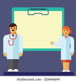 Flat vector icon of Clipboard with doctor and nurse for Mobile Computer Vector flat illustration