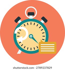 Flat vector icon of a clock with a rewind arrow and a speech bubble for time management concepts