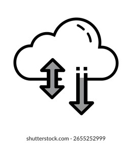 Flat vector icon of a cloud with upward and downward arrows, representing cloud storage, data upload and download, synchronization, and file sharing. Simple and modern design ideal for tech, web, app 