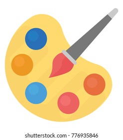 Flat vector icon of color palette and a brush, painting tray