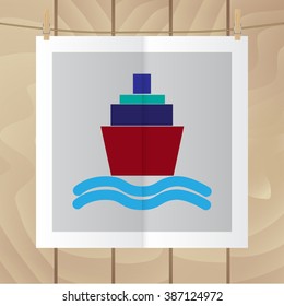 Flat vector icon. Color photo hanging on a rope. Ship.