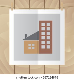 Flat vector icon. Color photo hanging on a rope. House. Building. Construction.
