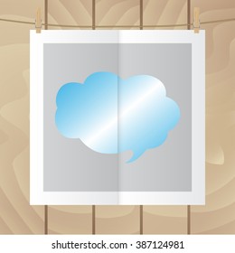 Flat vector icon. Color photo hanging on a rope. Speech bubble. 