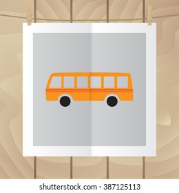 Flat vector icon. Color photo hanging on a rope. Bus.