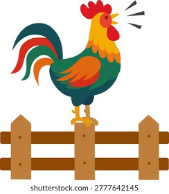Flat vector icon of a colorful rooster crowing on a wooden fence