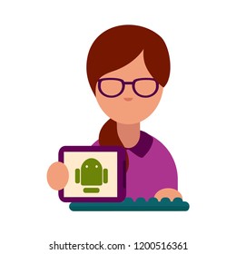 Flat vector icon of computer geek. Cartoon vector icon of computer geek. Vector flat icon of computer geek. Software Engineer, Front-End Developer, Support Team Members, Database Administrators, Graph