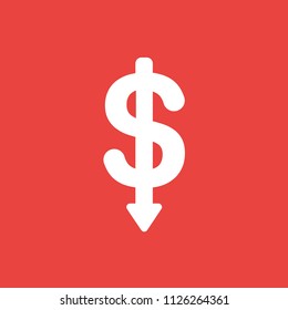 Flat vector icon concept of dollar symbol with arrow moving down on red background.