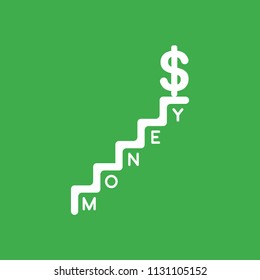 Flat vector icon concept of dollar symbol on top of money stairs on green background.