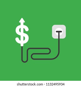 Flat vector icon concept of dollar arrow moving up with cable and plugged into outlet on green background.