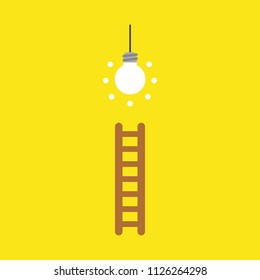 Flat vector icon concept of glowing light bulb and wooden ladder on yellow background.