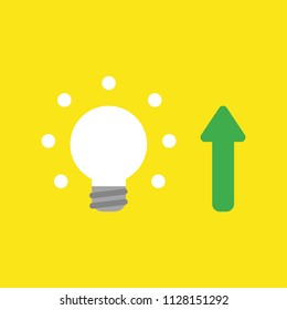 Flat vector icon concept of glowing light bulb with arrow moving up on yellow background.
