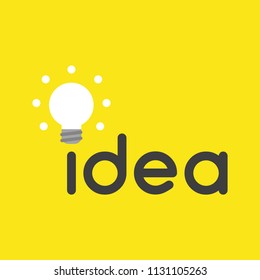 Flat vector icon concept of idea word with glowing light bulb on yellow background.