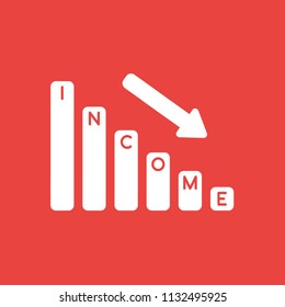 Flat vector icon concept of income sales bar graph arrow moving down on red background.