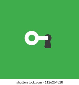 Flat vector icon concept of key into keyhole on green background.