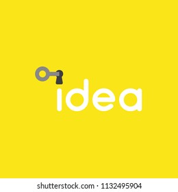 Flat vector icon concept of key into idea word keyhole on yellow background.