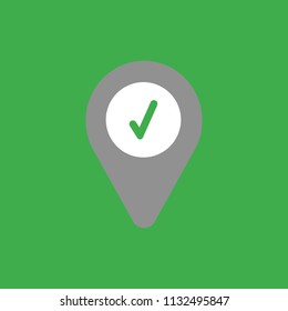 Flat vector icon concept of map pointer with check mark on green background.