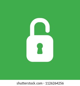 Flat vector icon concept of opened padlock on green background.