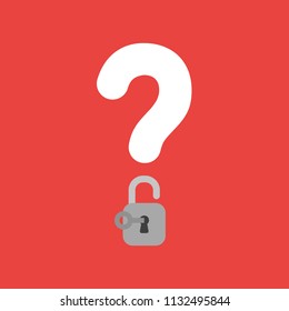 Flat vector icon concept of question mark with opened padlock with key on red background.