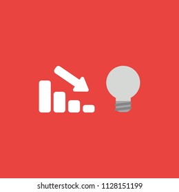 Flat vector icon concept of sales bar graph moving down with grey light bulb on red background.