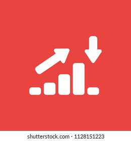 Flat vector icon concept of sales bar graph moving up and down on red background.