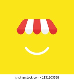 Flat Vector Icon Concept Of Shop Store Awning With Smiling Mouth On Yellow Background.