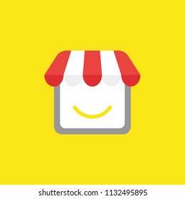 Flat vector icon concept of shop store with smiling mouth on yellow background.