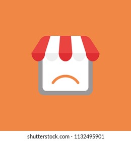 Flat vector icon concept of shop store with sulking mouth on orange background.