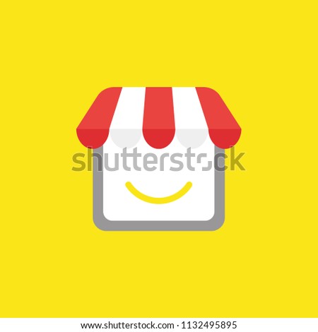 Flat vector icon concept of shop store with smiling mouth on yellow background.