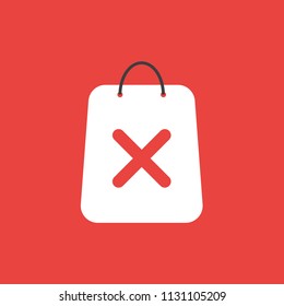 Flat vector icon concept of shopping bag with x mark on red background.