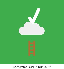 Flat vector icon concept of short wooden ladder and check mark on cloud on green background.