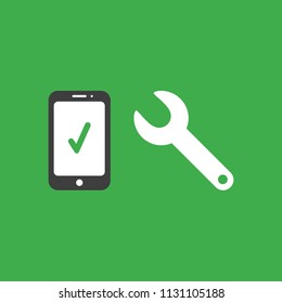 Flat vector icon concept of smartphone with check mark and spanner on green background.