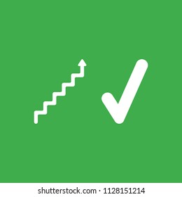 Flat vector icon concept of stairs with arrow moving up and check mark on green background.