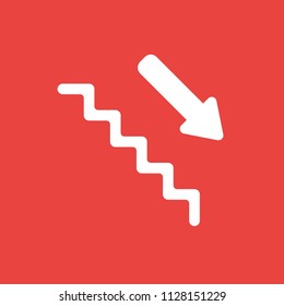Flat vector icon concept of stairs with arrow moving down on red background.