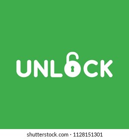Flat vector icon concept of unlock word with opened padlock on green background.