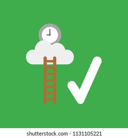 Flat vector icon concept of wooden ladder and clock on cloud with check mark on green background.