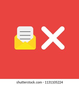 Flat vector icon concept of written paper inside mail envelope and x mark on red background.