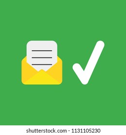 Flat vector icon concept of written paper inside mail envelope and check mark on green background.