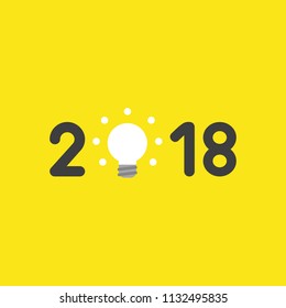 Flat vector icon concept of year of 2018 with glowing light bulb on yellow background.