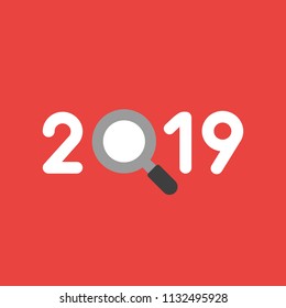 Flat vector icon concept of year of 2019 with magnifying glass on red background.