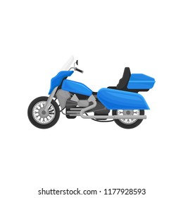 Flat vector icon of cool blue motorcycle. Two-wheeled motor vehicle. Biker chopper. Vintage motorbike