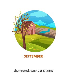 Flat vector icon of countryside with small house, tree with fallen leaves, river and field. Autumn landscape. September month
