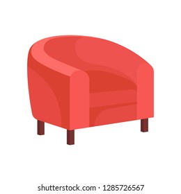 Flat vector icon of cozy armchair with pink upholstery. Soft tub chair for living room. Cushioned furniture